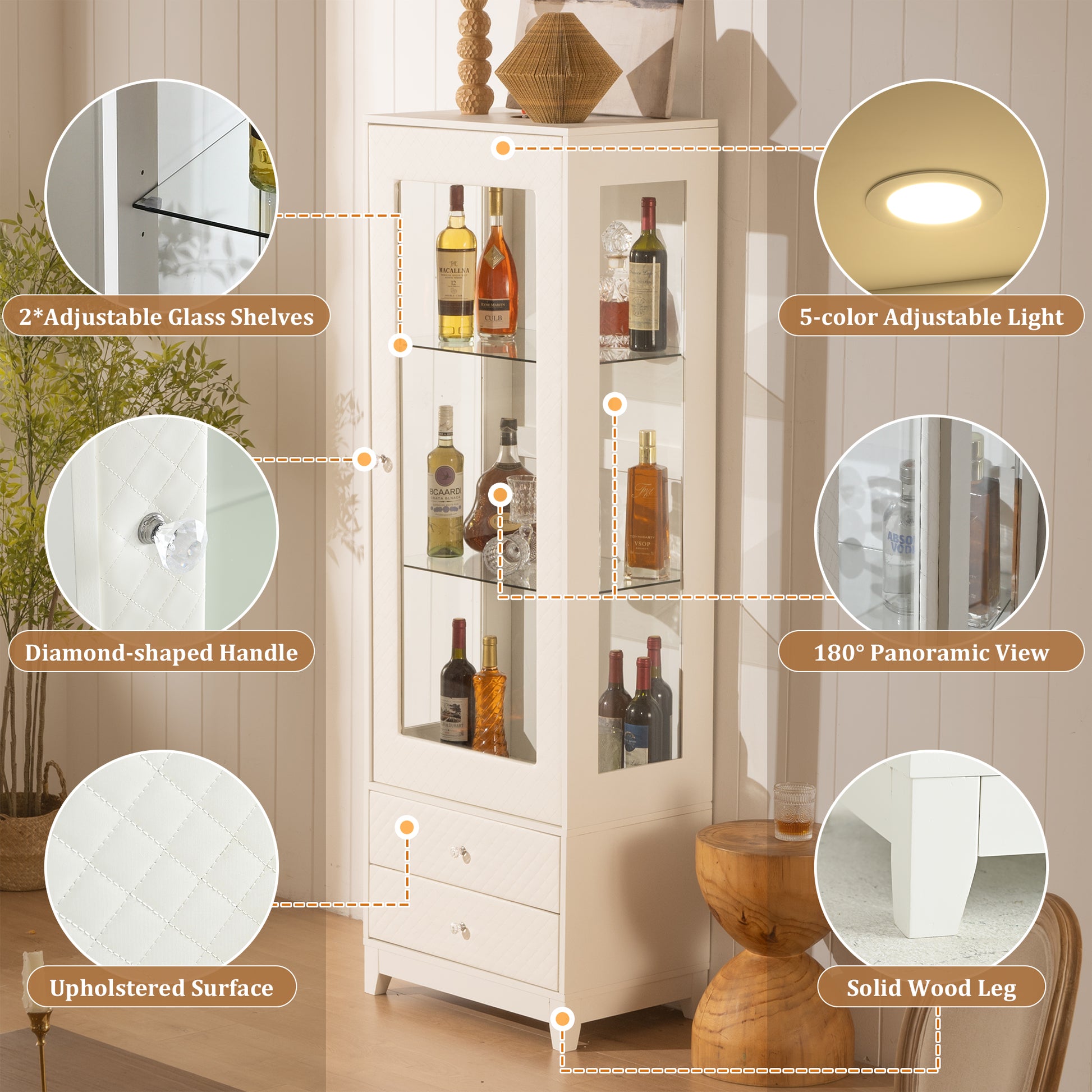 71'' Freestanding Upholstered Display Cabinet, Upholstered Glass Door Cabinet with Ceiling Light,Wine Cabinet with Adjustable Shelves, for Livingroom, Kitchen, Bar & Dining Room - White image 4