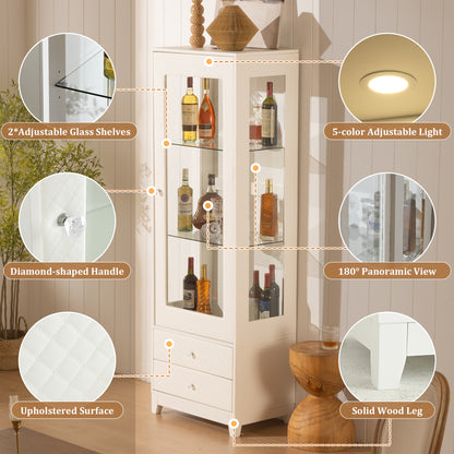 71'' Freestanding Upholstered Display Cabinet, Upholstered Glass Door Cabinet with Ceiling Light,Wine Cabinet with Adjustable Shelves, for Livingroom, Kitchen, Bar & Dining Room - White image 4