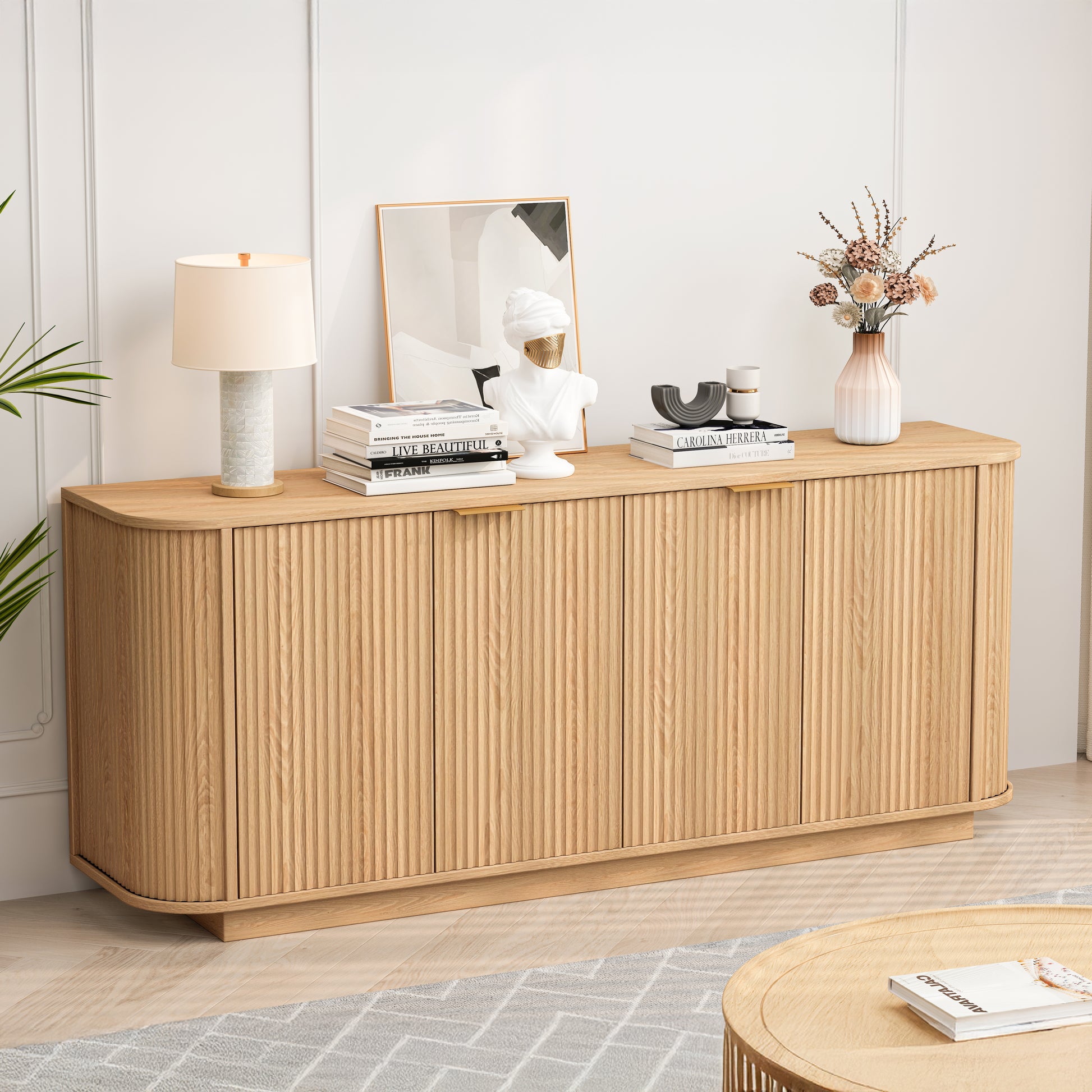 63 " Wavy Storage Sideboard, Double-Door Buffet Cabinet with Adjustable Shelves, Suitable for Kitchen, Living Room, Hallway - Versatile Storage (Natural) image 2