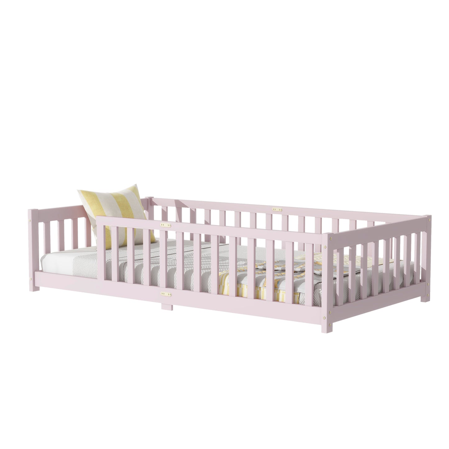 Twin Size Floor Bed with Fence without Door, Rubber Wood Floor Bed with Safety Guardrails,Pink (Old Sku W504P286399) image 8
