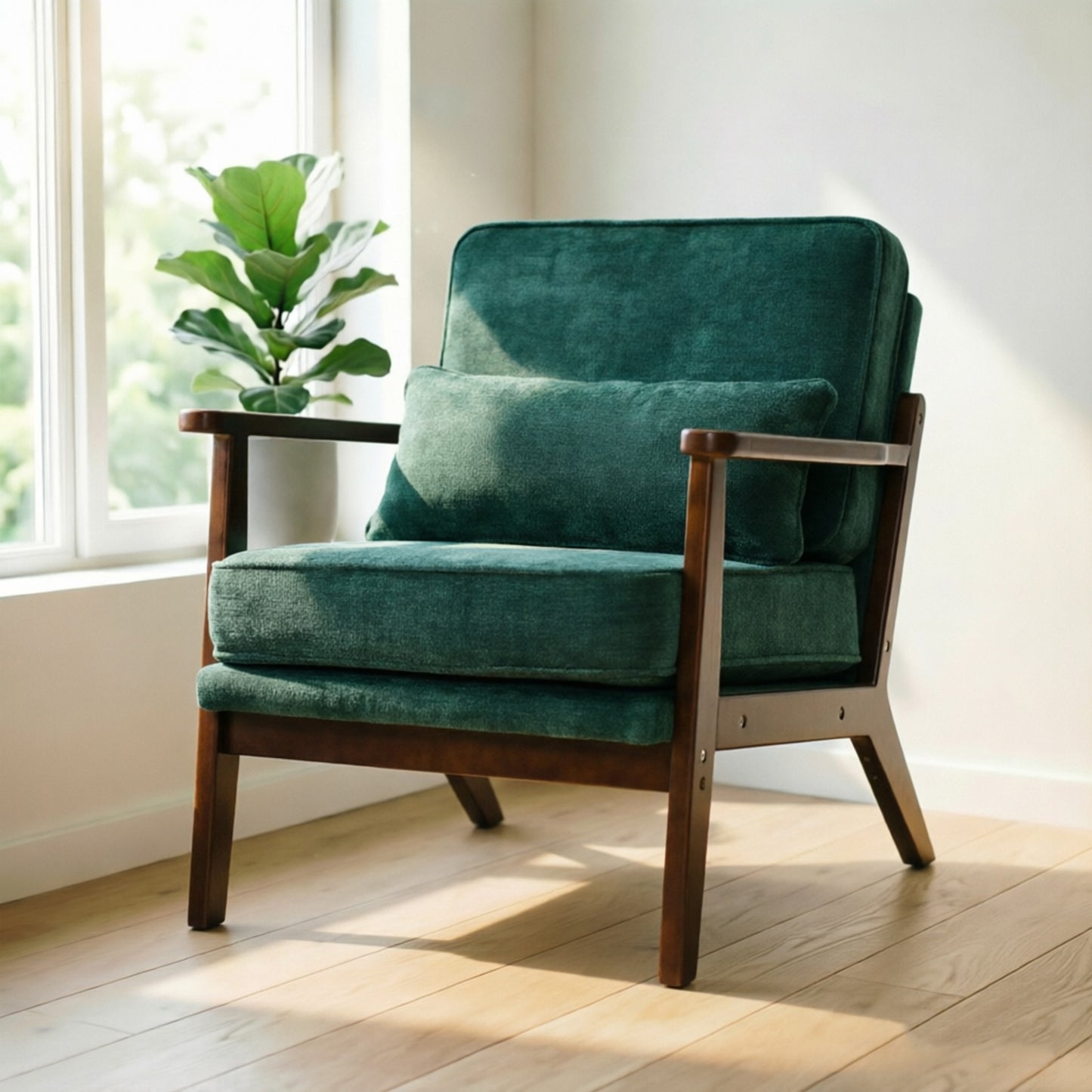 Mid-Century Modern Lounge Chair Single, Living Room Chair with Lumbar Pillow and Straight Wood Armrests, Accent Chair for Living Room, Bedroom, Indoor, Green image 1