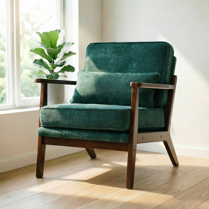 Mid-Century Modern Lounge Chair Single, Living Room Chair with Lumbar Pillow and Straight Wood Armrests, Accent Chair for Living Room, Bedroom, Indoor, Green image 1