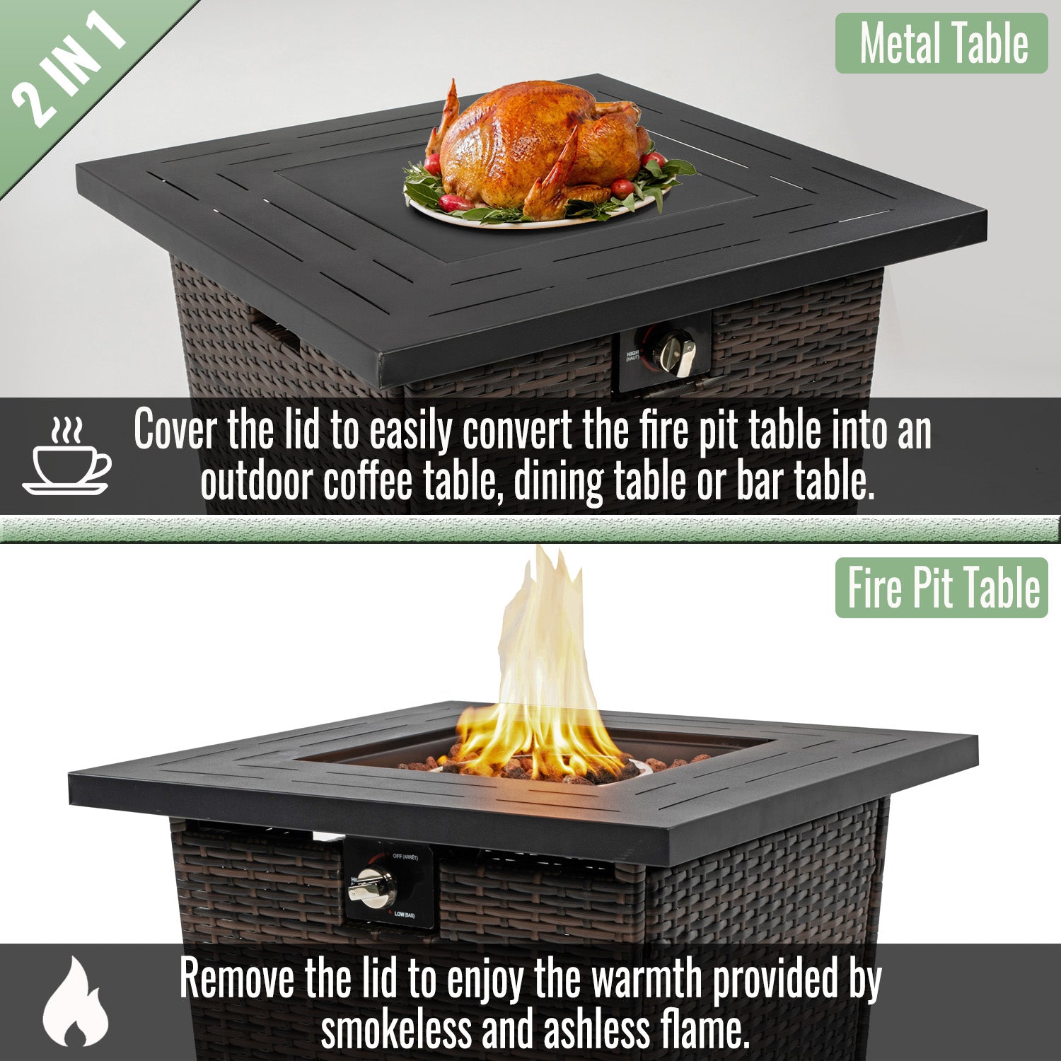 28" Propane Gas Fire Pit Table, 50000 BTU Square Steel Fire Pit with Beautiful Wicker Base for Outside Patio Deck Garden Backyard-Black image 5
