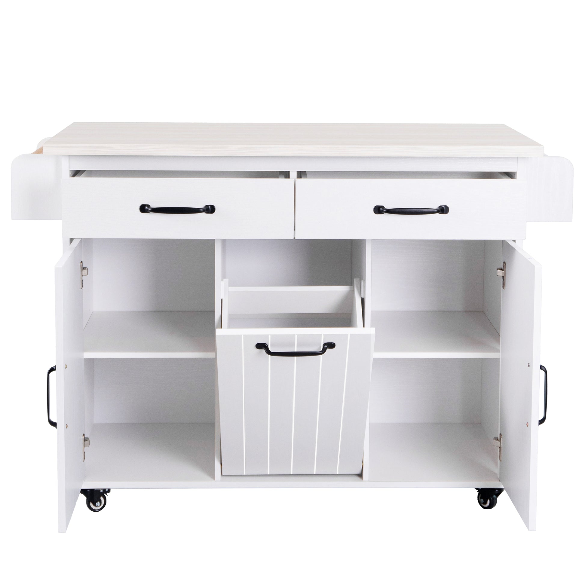 K&K Kitchen Island with Trash Can Storage Cabinet, Kitchen Cart with Drop Leaf, Spice Rack, Towel Rack and Drawer, Rolling Kitchen Island on Wheels with Adjustable Shelf, White image 3