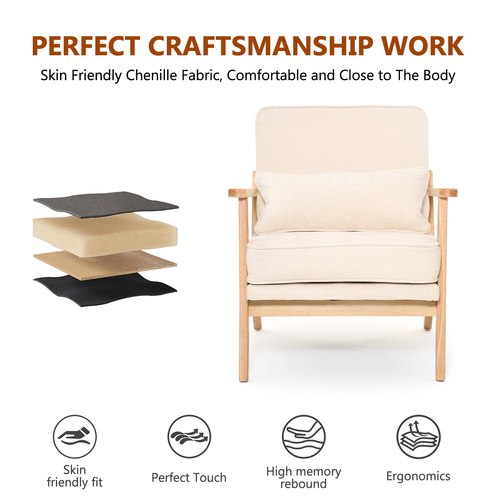 Mid-Century Modern Lounge Chair Single, Living Room Chair with Lumbar Pillow and Straight Wood Armrests, Accent Chair for Living Room, Bedroom, Indoor, Beige image 4