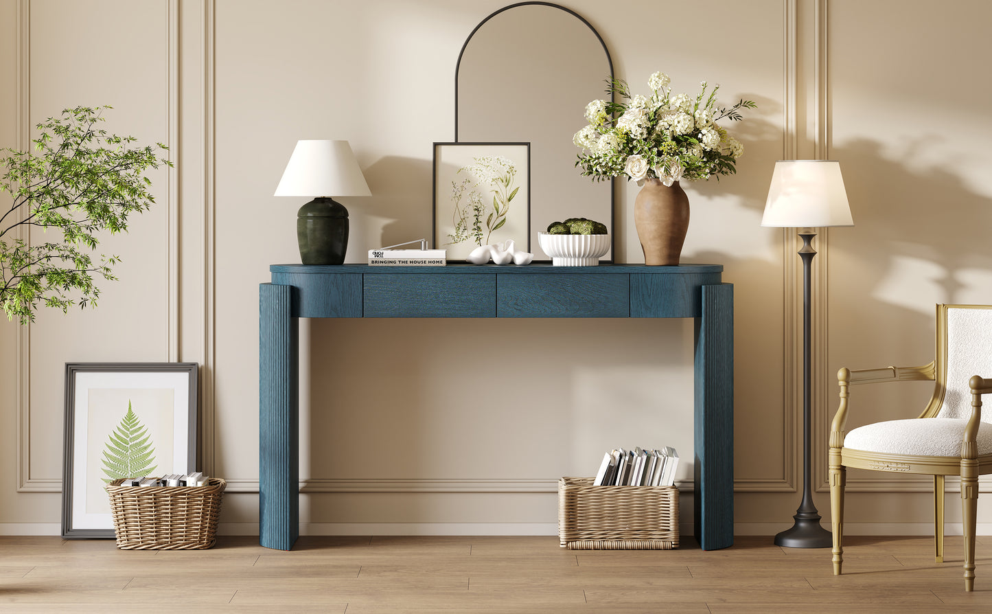 TREXM Entryway Table with Natural Wood Grain Finish, Console Table with Fluted Design, Oval Top and 2 Drawers for Entryway and Living Room (Navy) image 6