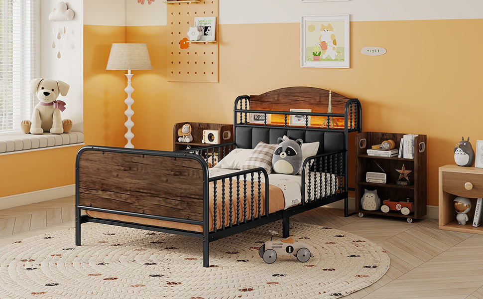 Twin Size Metal Platform Bed Frame with Light, Kids Twin Metal Bed with Upholstered and Pull Out Storage Shelves, Black (Expect Arrival Date 2025/10/5) image 7