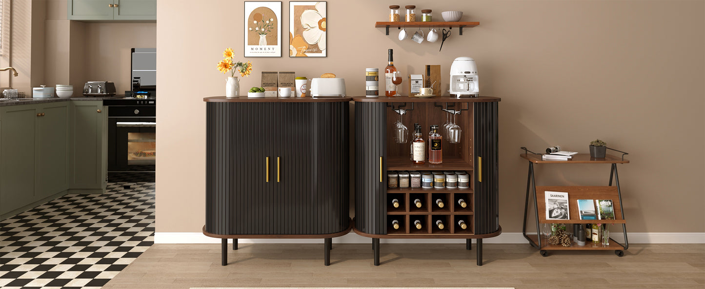 28" Fluted Wine Bar Cabinet with 8-Grid Wine Rack, 5-Level Adjustable Shelves, 2 Glass Holders, Smoothly Sliding Tambour Doors, 4 Hidden Storage Space on the Side, Modern Liquor Coffee Station, Black image 5
