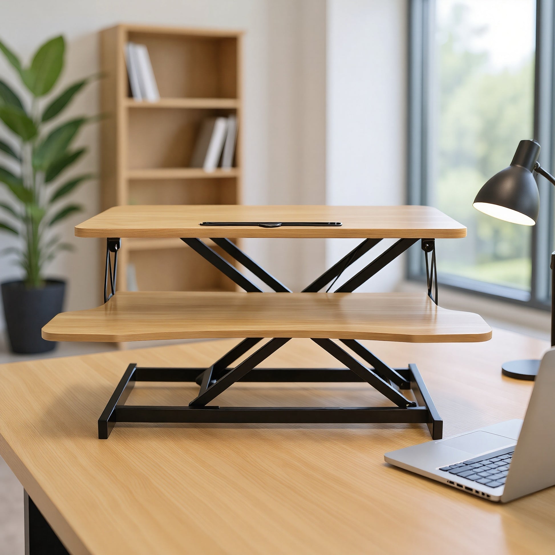 32 Inch Desk Converter, Height Adjustable Sit to Stand Riser, Dual Monitor and Laptop Workstation with Wide Keyboard Tray, Standing Computer Desk, Natural Color image 8