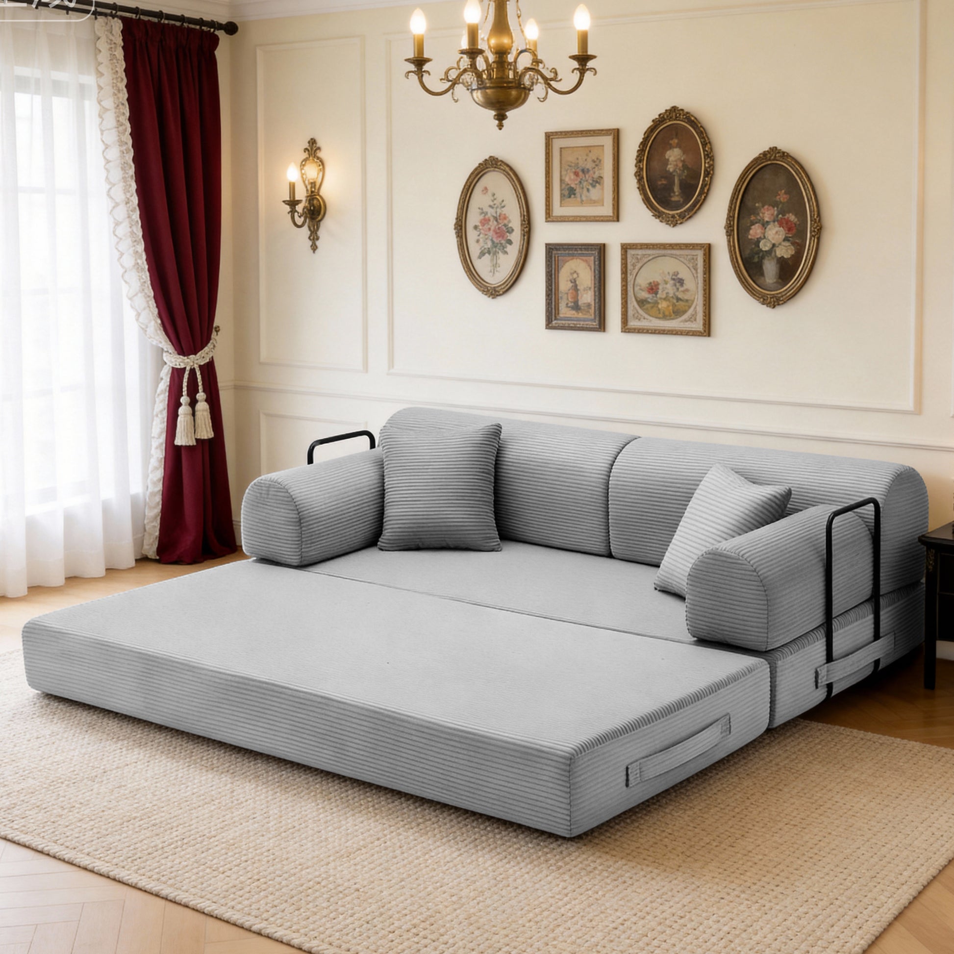 Convertible Sleeper Sofa Bed,Corduroy Folding Mattress Couch with Fixed-Shape Frame, Floor Sofa Lounge Couch for Living Room Bedroom(Light Gray) image 3