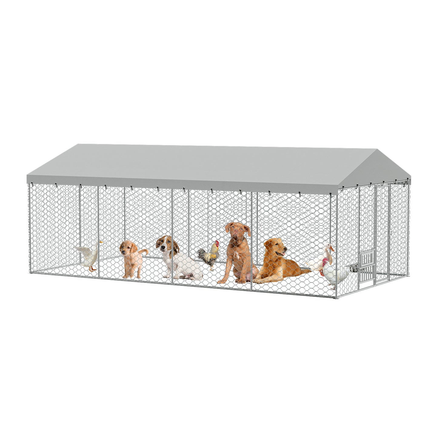 20x10 FT Large Outdoor Dog Kennel with Canopy, Heavy Duty Galvanized Steel Frame, Waterproof Cover, Built-in Elevated Feeding Bowls, Escape-Proof Lockable Pet Playpen for Large Dogs & Multiple Animal image 3