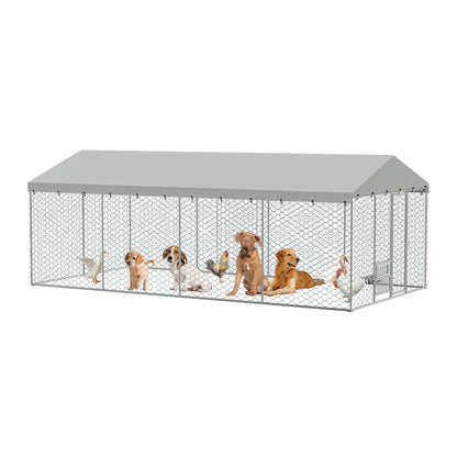 20x10 FT Large Outdoor Dog Kennel with Canopy, Heavy Duty Galvanized Steel Frame, Waterproof Cover, Built-in Elevated Feeding Bowls, Escape-Proof Lockable Pet Playpen for Large Dogs & Multiple Animal image 3