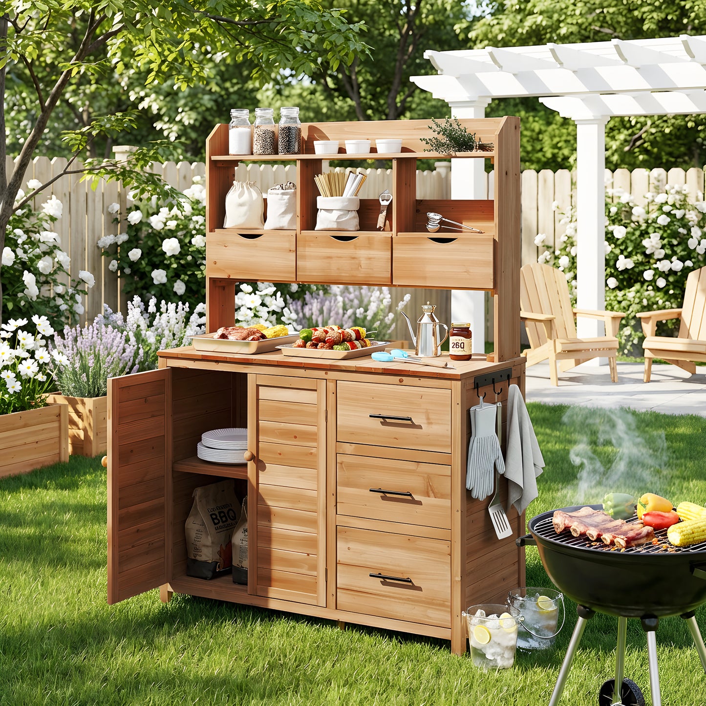 (With Assembly Video) TOPMAX Farmhouse Patio Potting Bench, 44.6''x19.5'' Large Freestanding Garden Workstation with 6 Drawers, Bottom Cabinet and Side Hook, Outdoor Kitchen Island, Natural Wood image 2