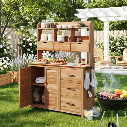 (With Assembly Video) TOPMAX Farmhouse Patio Potting Bench, 44.6''x19.5'' Large Freestanding Garden Workstation with 6 Drawers, Bottom Cabinet and Side Hook, Outdoor Kitchen Island, Natural Wood image 2