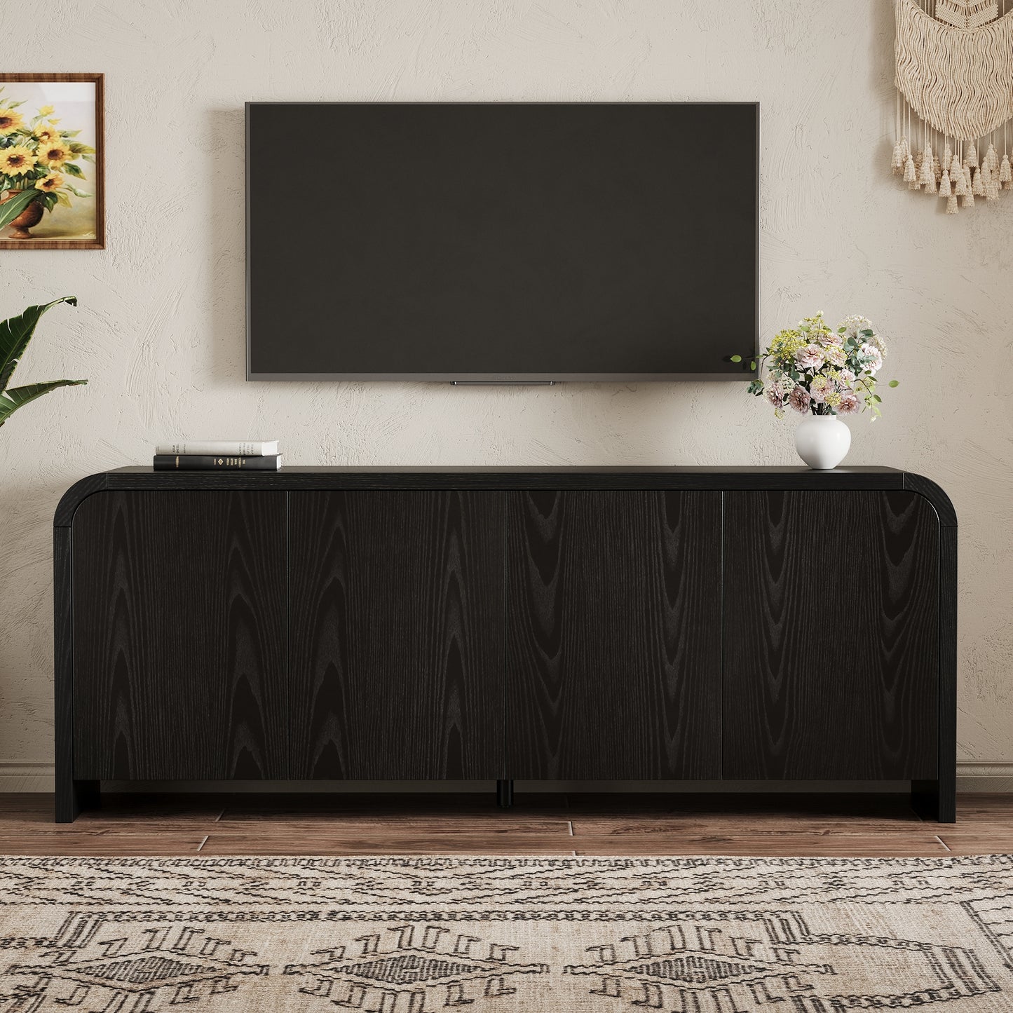Farmhouse Curved Edge TV Stand with Large Cabinets for TVs up to 70", Minimalist Wood Grain Media Console with Cable Management, Mid Century TV Cabinet with Adjustable Shelves for Living Room, Black image 2