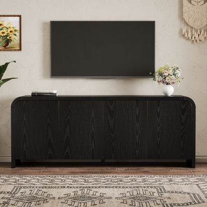 Farmhouse Curved Edge TV Stand with Large Cabinets for TVs up to 70", Minimalist Wood Grain Media Console with Cable Management, Mid Century TV Cabinet with Adjustable Shelves for Living Room, Black image 2