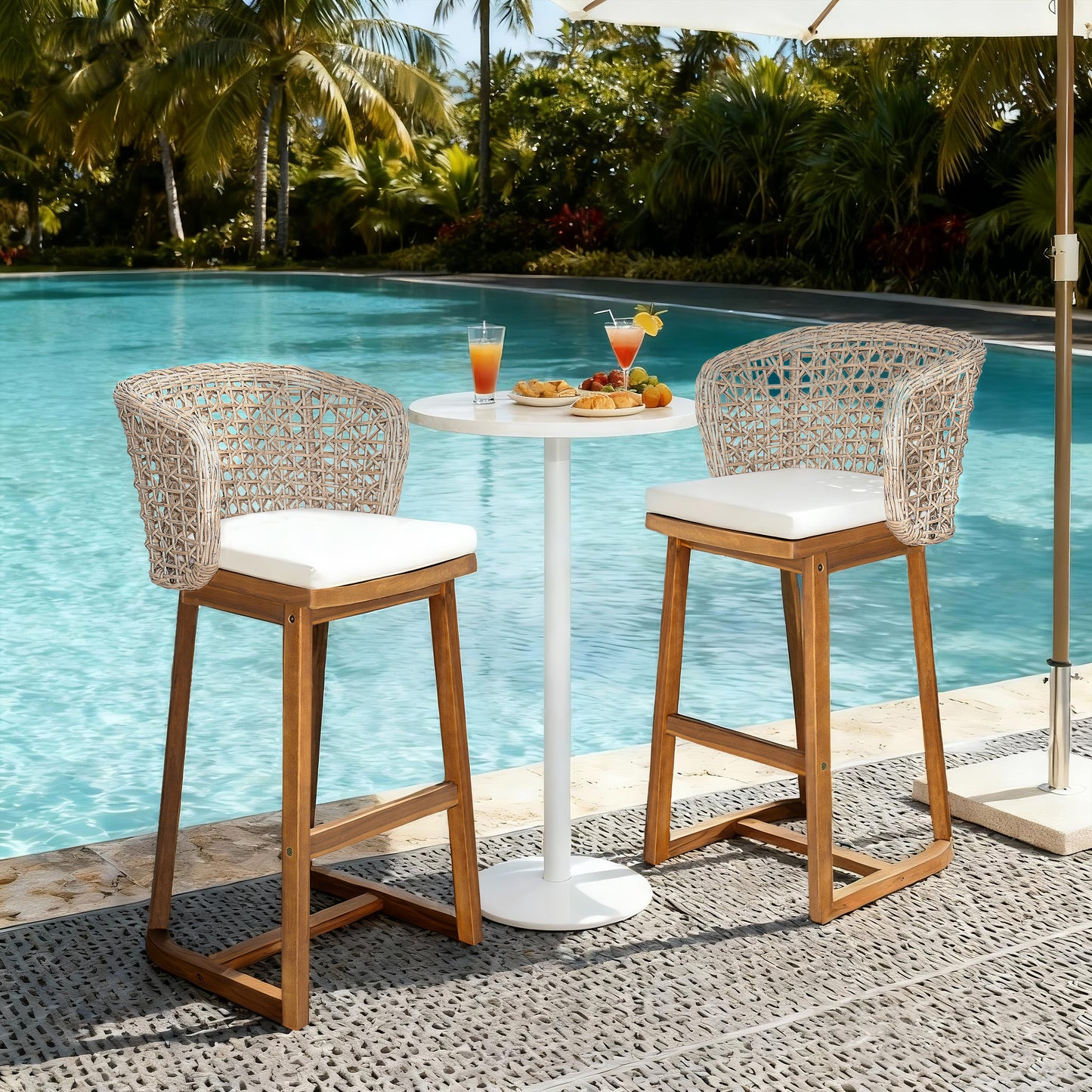 Outdoor Acacia Wood Bar Stools (Set of 2), Teak Finish Bar Height Chairs with Beige Cushion & Light Brown Wicker Back, Counter Height Stools for Patio, Poolside, Kitchen Island image 3