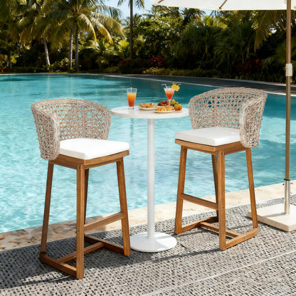 Outdoor Acacia Wood Bar Stools (Set of 2), Teak Finish Bar Height Chairs with Beige Cushion & Light Brown Wicker Back, Counter Height Stools for Patio, Poolside, Kitchen Island image 3