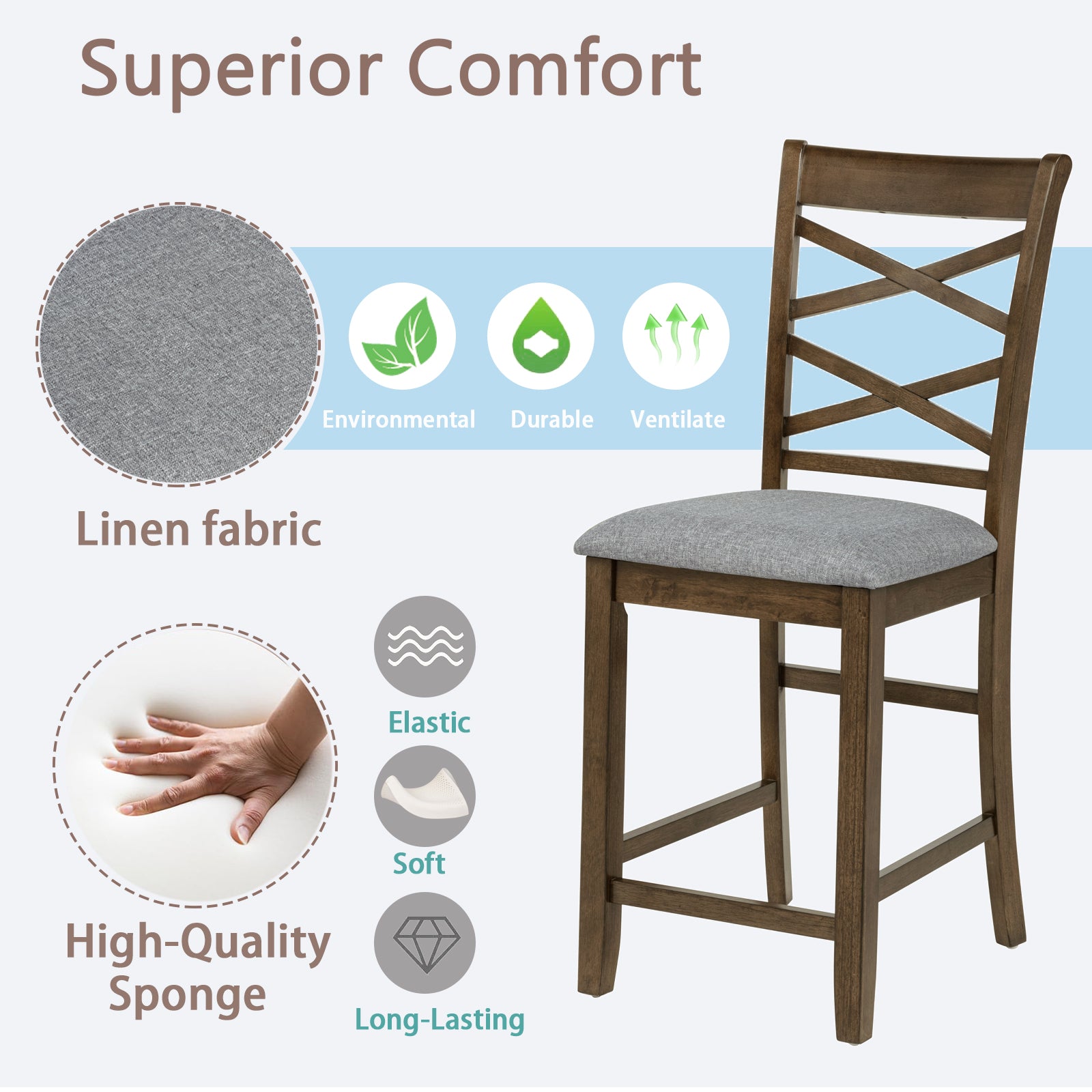 Dining Chairs Only, Wooden Counter Height Chairs Set of 4, Kitchen Chair with Padded Seat, Upholstered Counter Height Chair for Dining Room, Walnut image 7