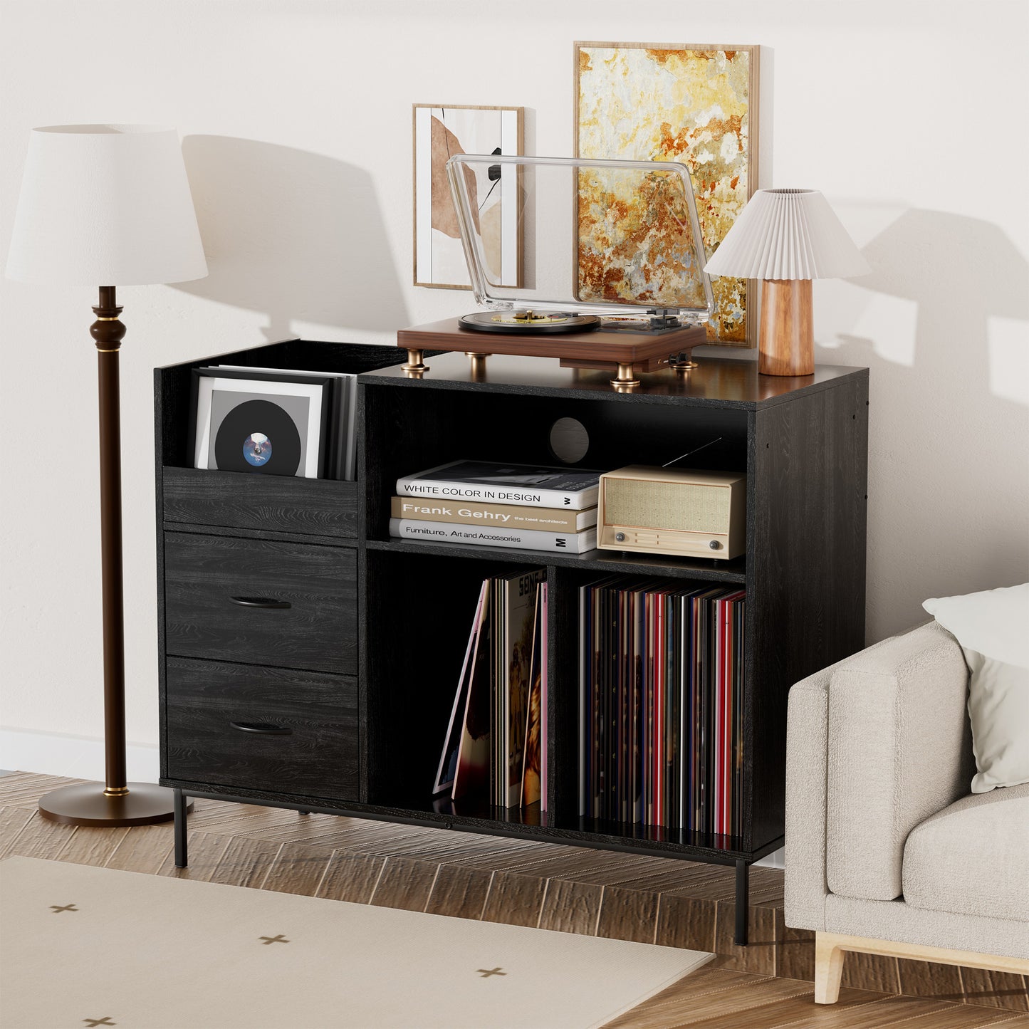 Eco-Friendly Record Player Stand with Flip-Top - Wood Vinyl Storage Cabinet with 2-Outlet Power Strip, Drawers & Dustproof Cubbies, Media Console for Living Room/Study, Black image 1