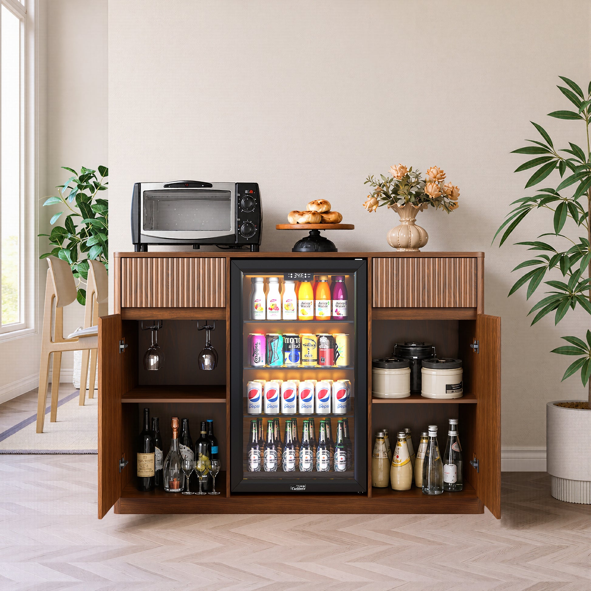53'' Fluted Bar Cabinet with Fridge Space (Fridge Not Included), Modern Coffee Station with Charging Hub & Wine Glass Rack, Walnut Buffet Sideboard for Home Beverage & Liquor Storage. image 5