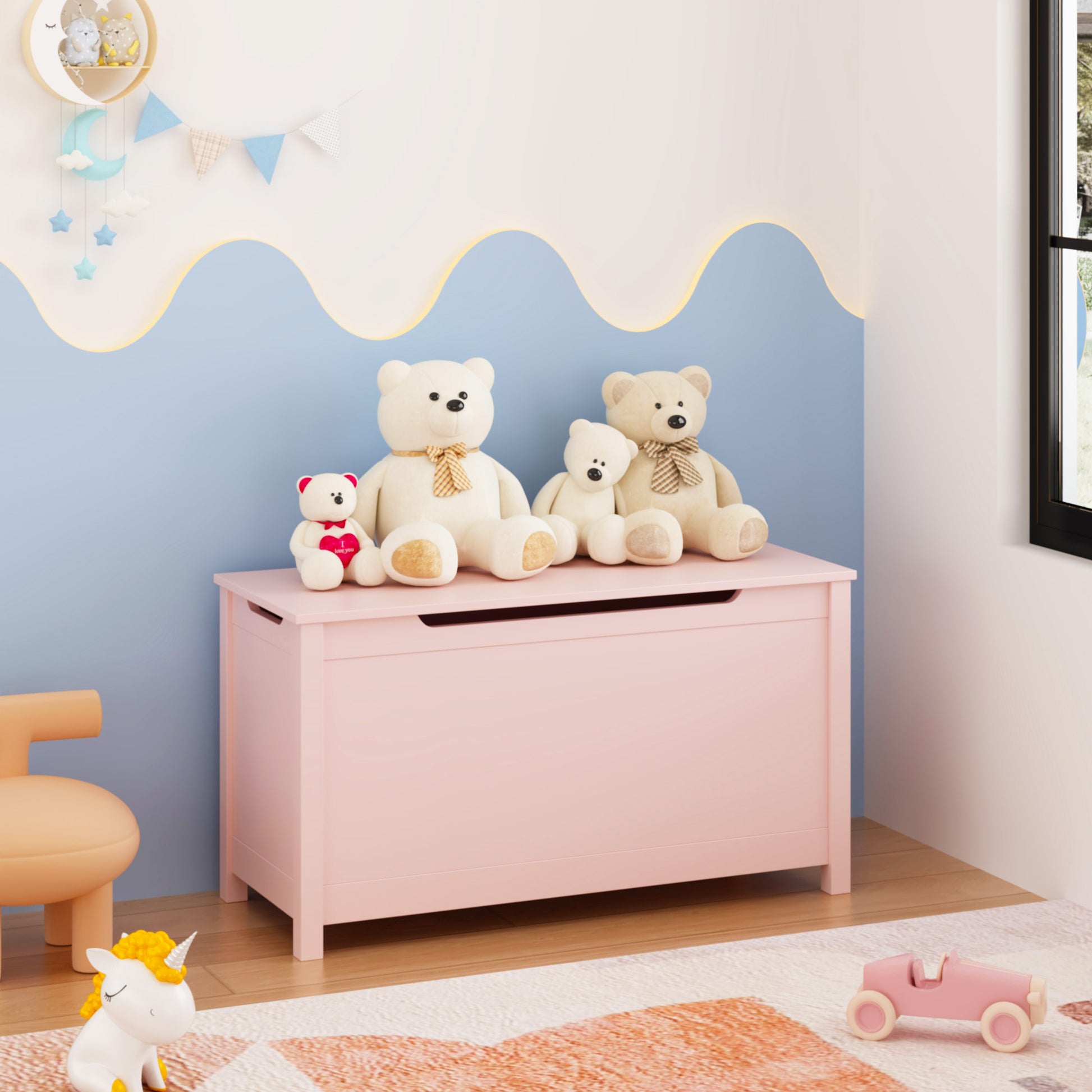 Kids Wooden Toy Box Storage with Safety Hinged Lid for Ages 2+ (Pink) image 1