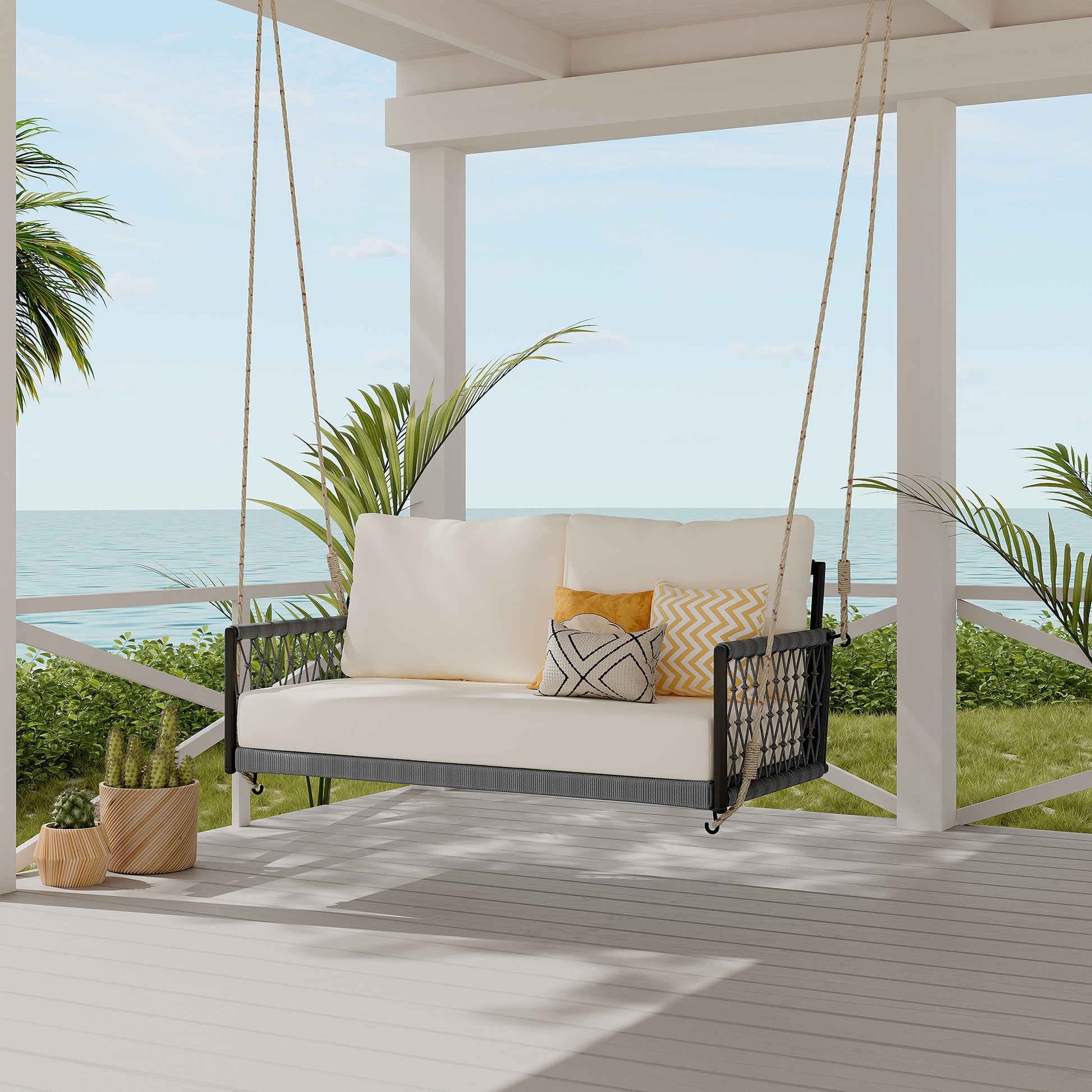 TREXM 1-Piece Woven Rope Outdoor Swing Sofa with Soft Cushions Seating 2 for Patio, Courtyard and Balcony (Beige) image 9