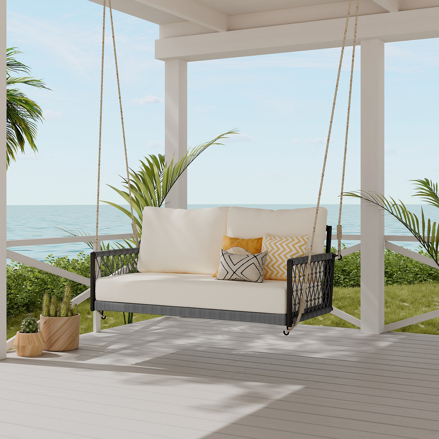 TREXM 1-Piece Woven Rope Outdoor Swing Sofa with Soft Cushions Seating 2 for Patio, Courtyard and Balcony (Beige) image 9