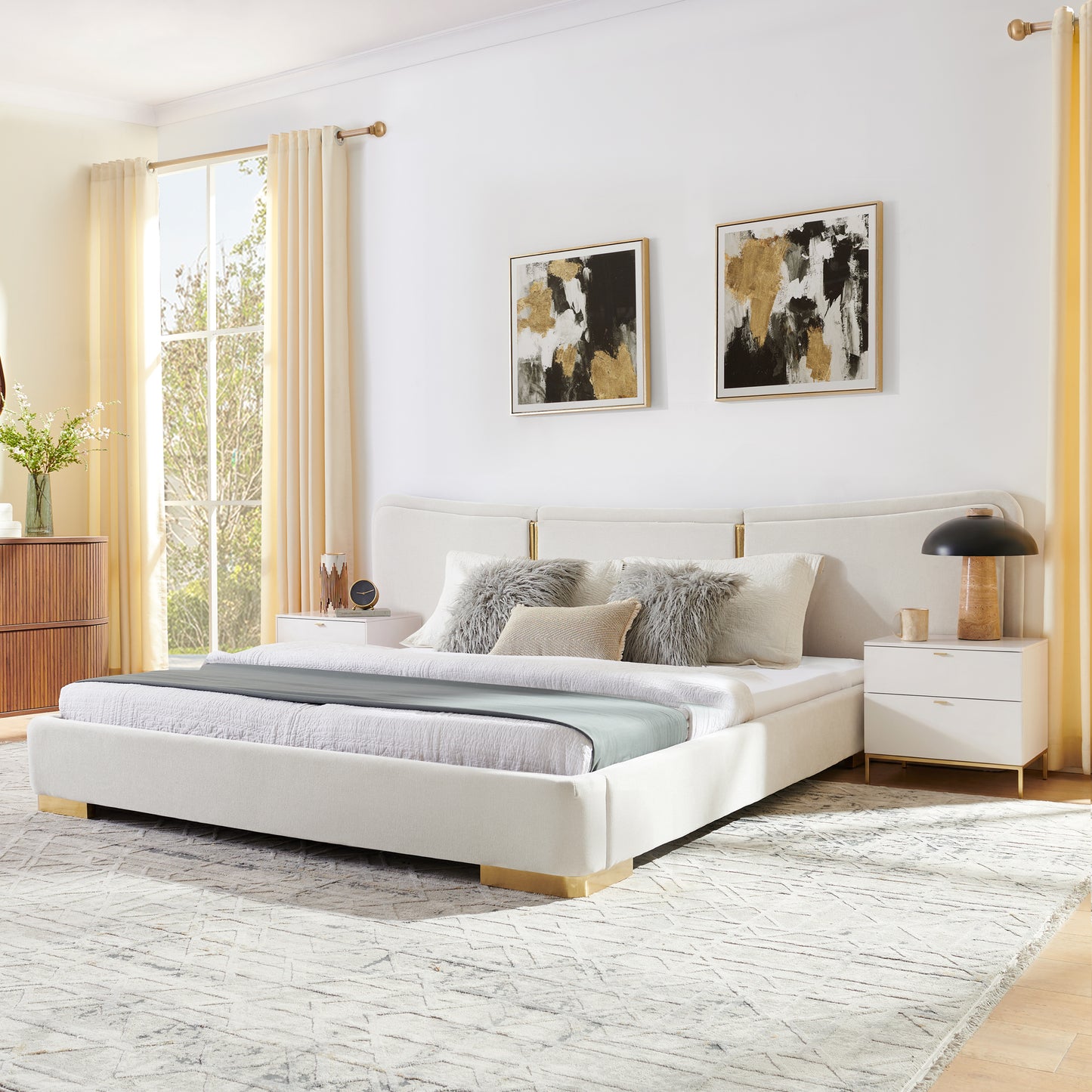 Queen Size Extra Large Platform Bed, Soft Chenille Fabric Frame, Curved Headboard, Reinforced Electroplated Metal Legs, Flexible DIY Side Space Design-Beige image 1