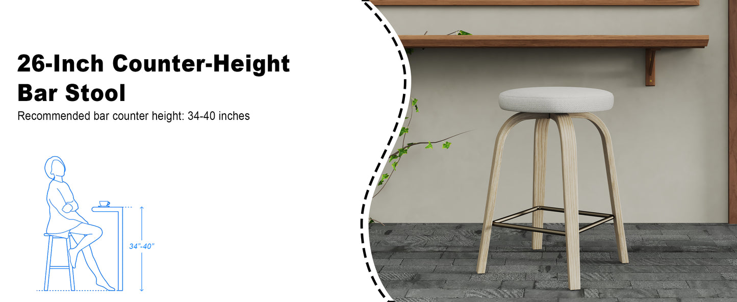 Swivel Bar Stools Set of 2, Counter Height Backless 26″ Bar Stool, Fabric Upholstered Seat, Sturdy Wood Legs and Metal Footrest, Mid-Century Modern Island Stools for Home Bars, Restaurants, Beige image 10