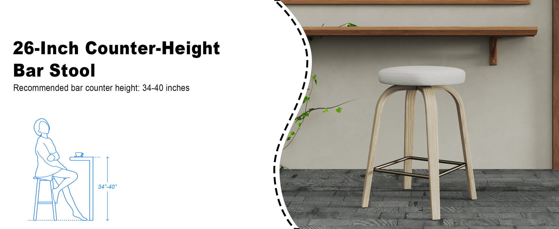 Swivel Bar Stools Set of 2, Counter Height Backless 26″ Bar Stool, Fabric Upholstered Seat, Sturdy Wood Legs and Metal Footrest, Mid-Century Modern Island Stools for Home Bars, Restaurants, Beige image 10