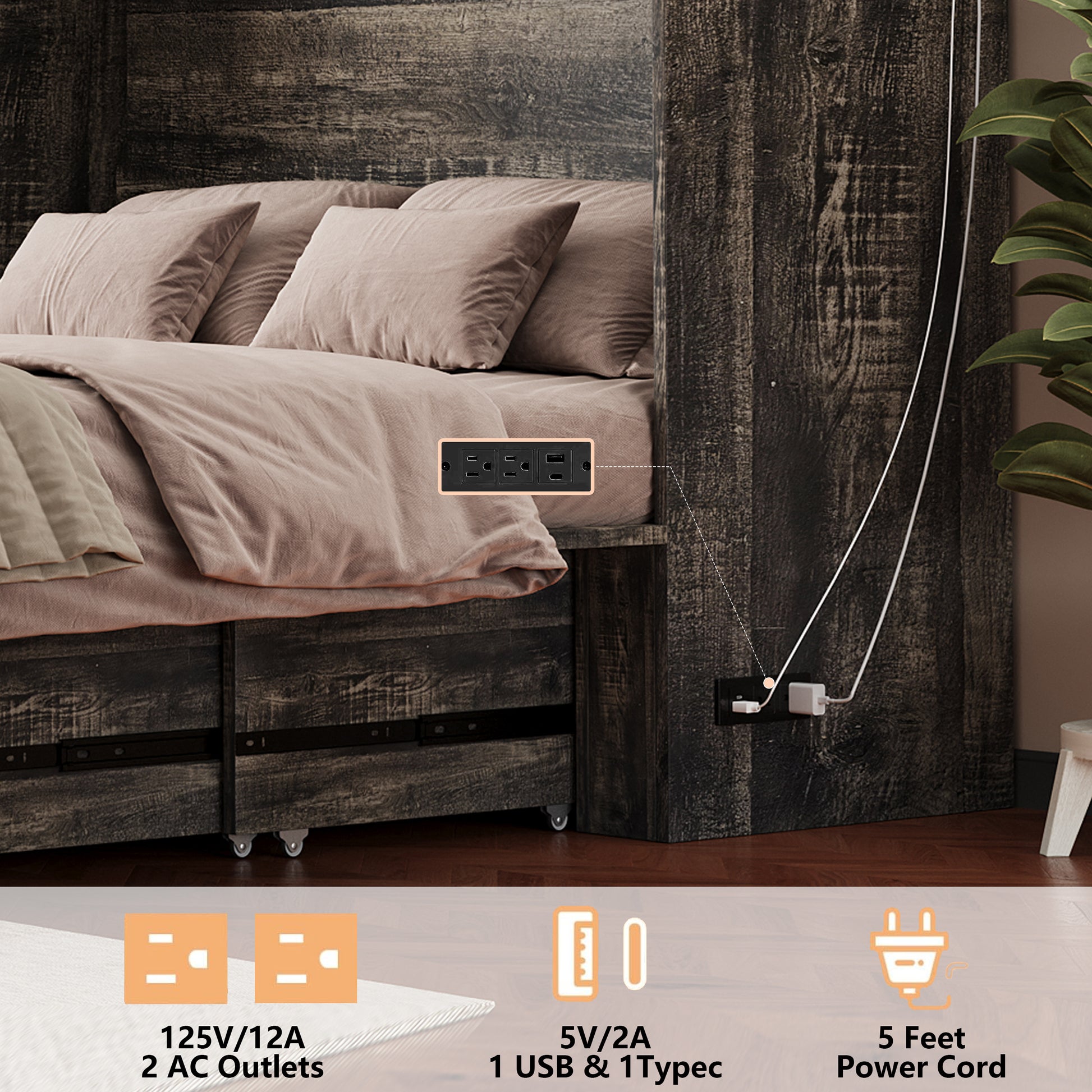 Queen Murphy Bed with Charging Station,Farmhouse Murphy Cabinet Bed with Large Storage Drawer,Hideaway Foldable Platform Bed for Guest Bedroom, Living Room, Office,Small Room,Pull out Bed,Rustic Grey image 8