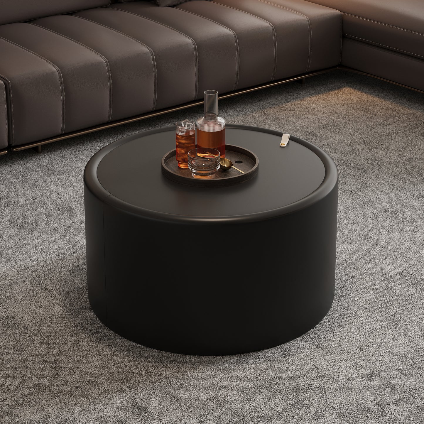 Black Round Coffee Table with Tempered Glass Top, PU Leather Body & Hidden Storage for Living Room, Modern Accent Table image 2