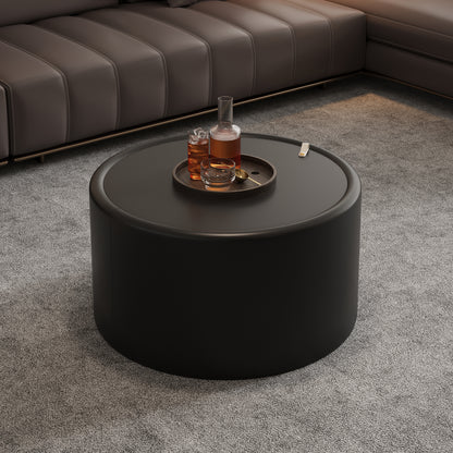 Black Round Coffee Table with Tempered Glass Top, PU Leather Body & Hidden Storage for Living Room, Modern Accent Table image 2