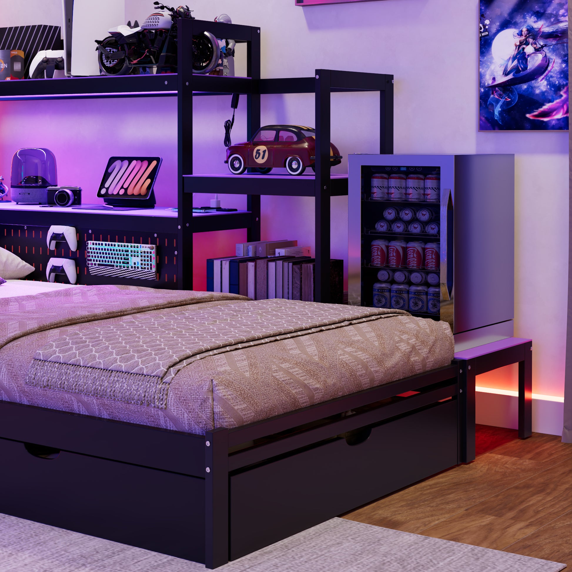 Twin Size Gaming Daybed with Integrated Desk and LED Light, Modern Wooden Bed Frame with 3 Storage Drawers and Built-in Charging Station, Multi-Functional Headboard Bookcase, Black+Purple image 7