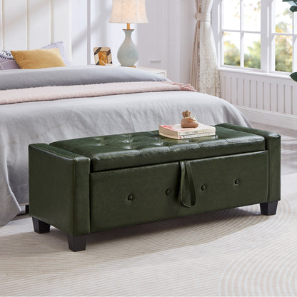 48" Ottoman Bench with Storage, Bench for Bedroom,Living Room,Hallway, Upholstered Tufted Faux Leather PU Ottoman Dark Green image 4