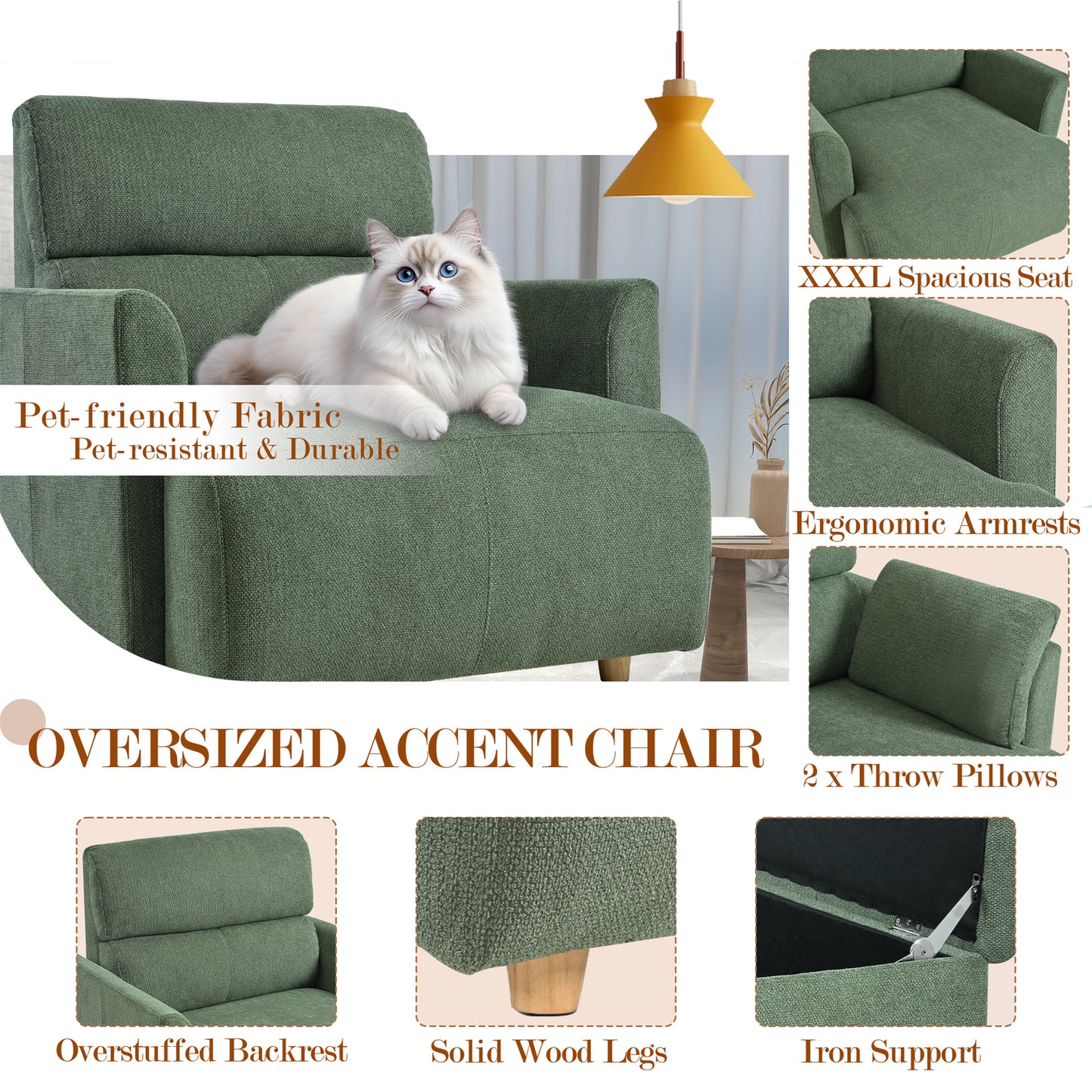 Oversized Chair w/Storage Ottoman, Wide Accent Armchair Chair for Living Room, Modern Lounge Chair, Upholstered Mid-Century Reading Chair, Comfy Living Room Chair, Deep Seat Sofa Couch(Dark Green) image 5