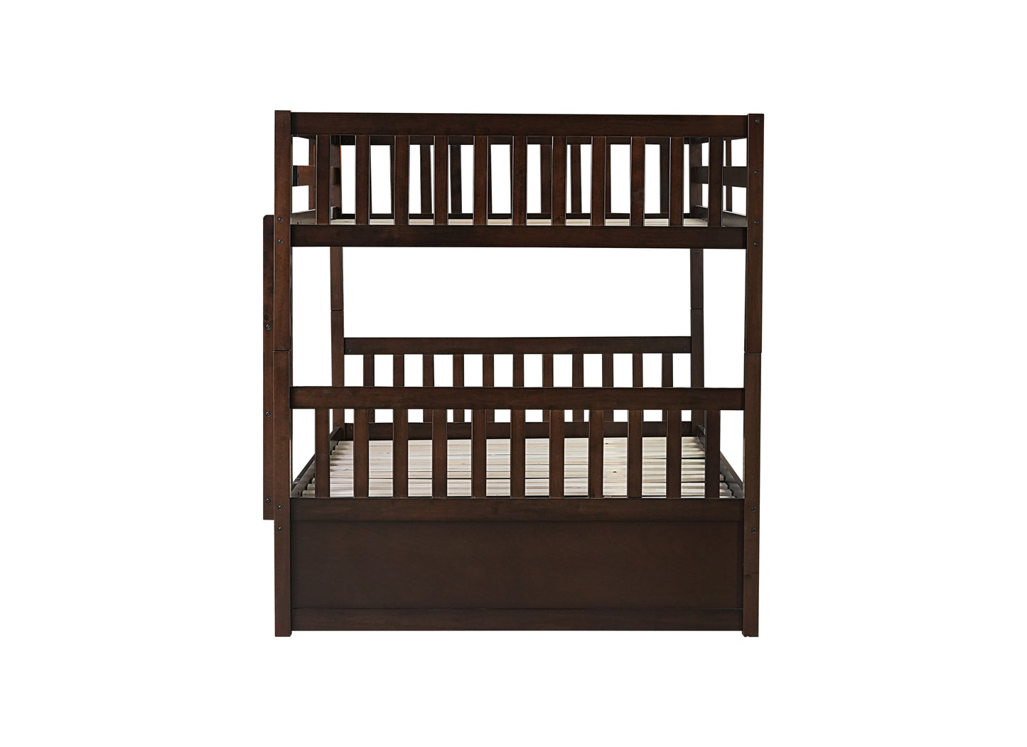 Full Over Full Rubber Wood Bunk Bed with Trundle, Ladder and Guardrails, Convertible to 2 Full Size Beds, with Twin Size Trundle,Espresso image 2