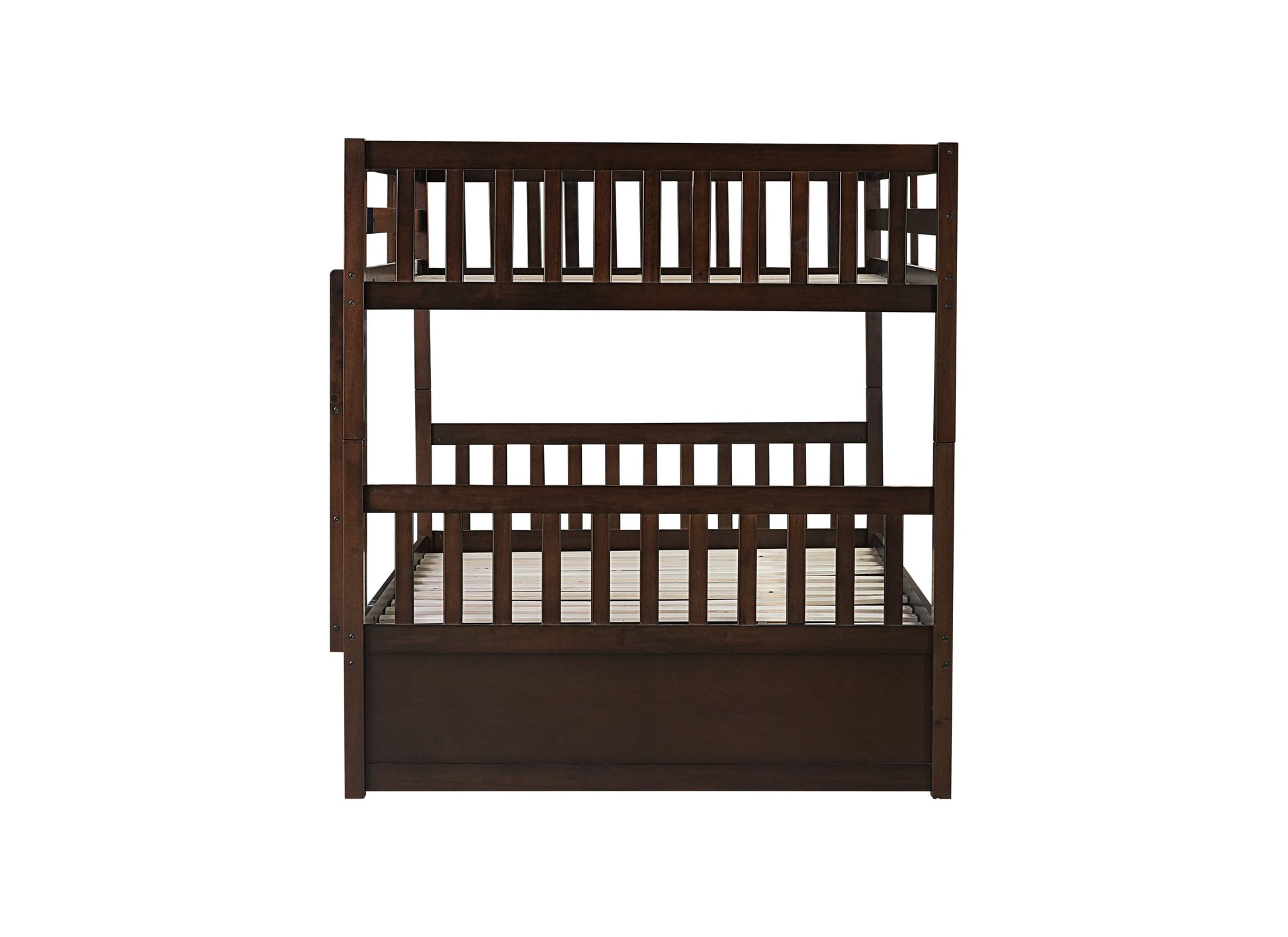 Full Over Full Rubber Wood Bunk Bed with Trundle, Ladder and Guardrails, Convertible to 2 Full Size Beds, with Twin Size Trundle,Espresso image 2