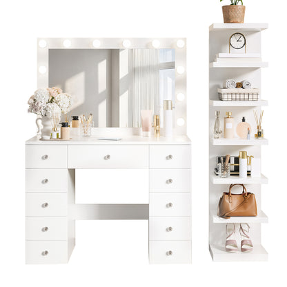 Vanity Desk with 11 Hollywood Bulbs & 7-Tier Storage Shelves, Makeup Vanity Desk with Power Outlet and 11 Drawers, 3 Color Lighting Modes, Dressing Table with Display Shelf Crystal Handles,White image 12