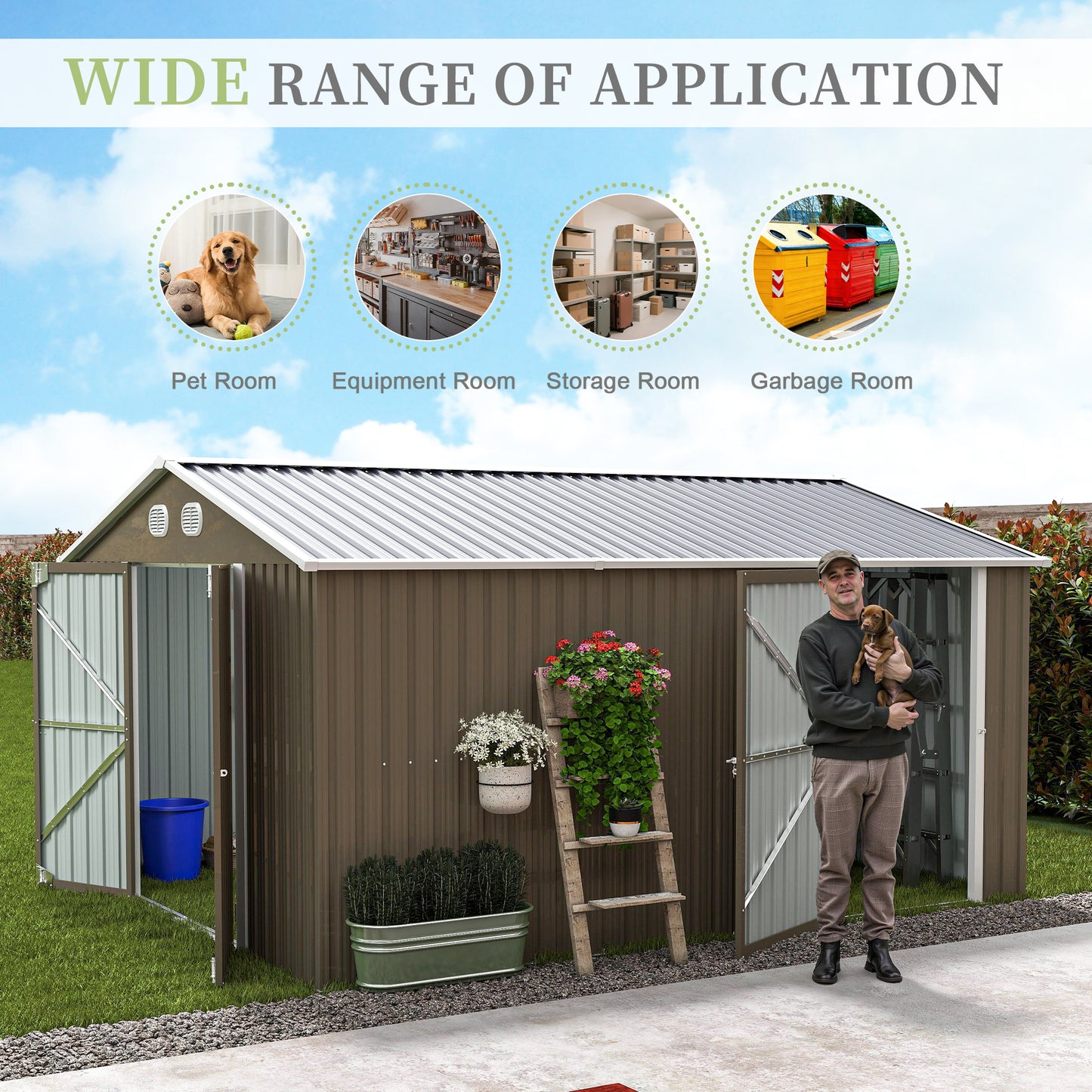 10x12 FT Outdoor Metal Storage Shed, Large Storage Sheds with Sturdy Frame Structure, Metal Garden Tool Shed with Lockable Door for Garden,Gift a foldable flower pot stand, Backyard,BROWN image 6