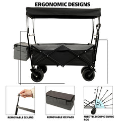 480Lbs Collapsible Wagon with Canopy,Wagon Stroller with 7" All-Terrain Wheels, Lightweight Foldable Wagon, Large Capacity for Camping, Shopping, Sports, and Garden Use,black with mosquito net