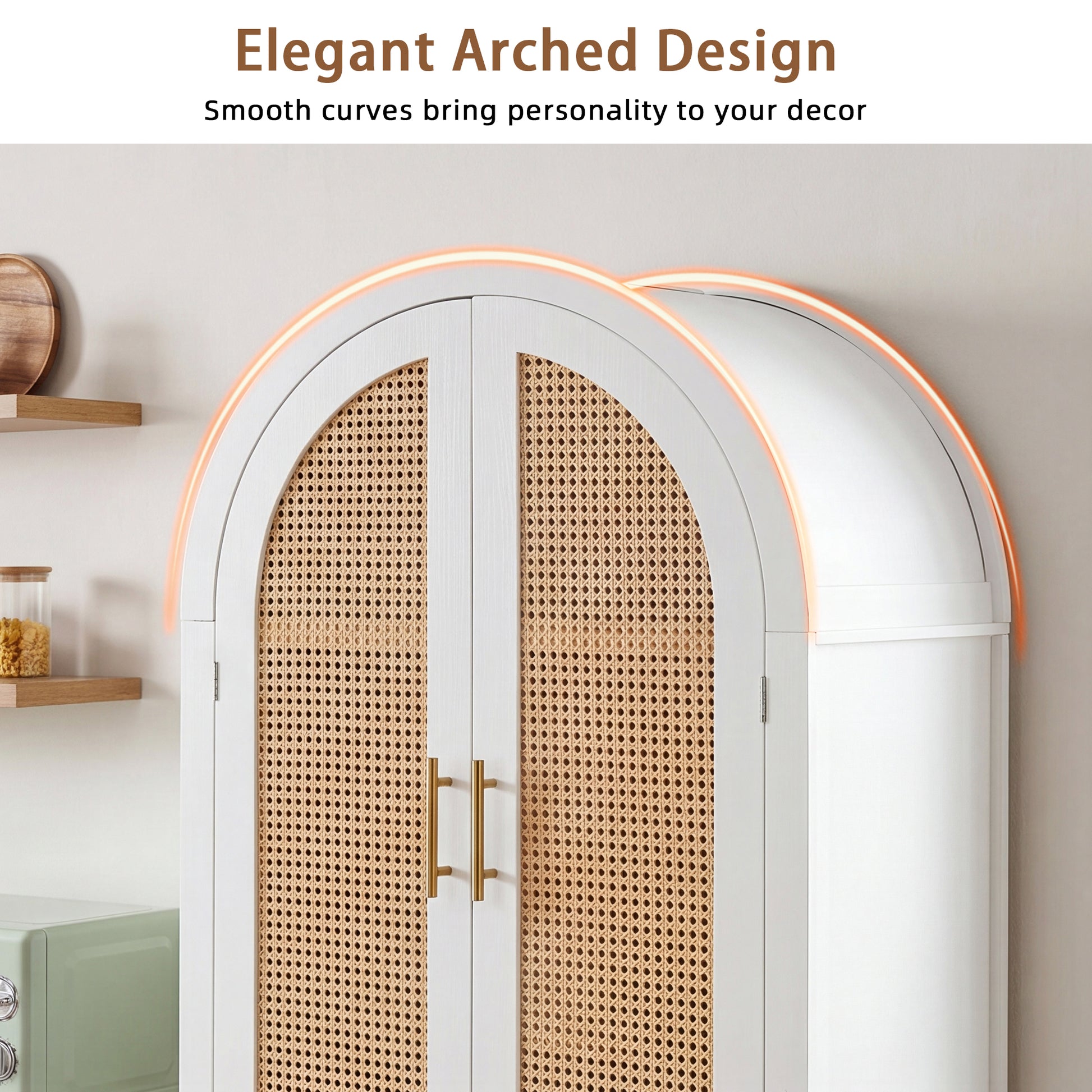 71" Tall Arched Cabinet with Rattan Doors & Adjustable Shelves,4 Doors Modern Farmhouse Storage Cabinet with Built-in Racks for Kitchen, Dining Room, Study, White image 5