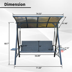 3-Seat Outdoor Porch Swing w/Adjustable Polycarbonate Hardtop and Side Table, Wicker Patio Swing Chair Bench with Steel Frame and Quick-Drying Foam Seat, Perfect for Backyard Garden and Lawn