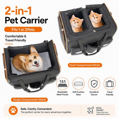 2 in 1 Large Cat Carrier for 2 Cats, Rolling Pet Carrier with Wheels, Expandable Foldable Double Pet Carrier with Removable Divider, Breathable Mesh Oxford, Cat Travel Crate for Car/Camping/Vet, Black image 2