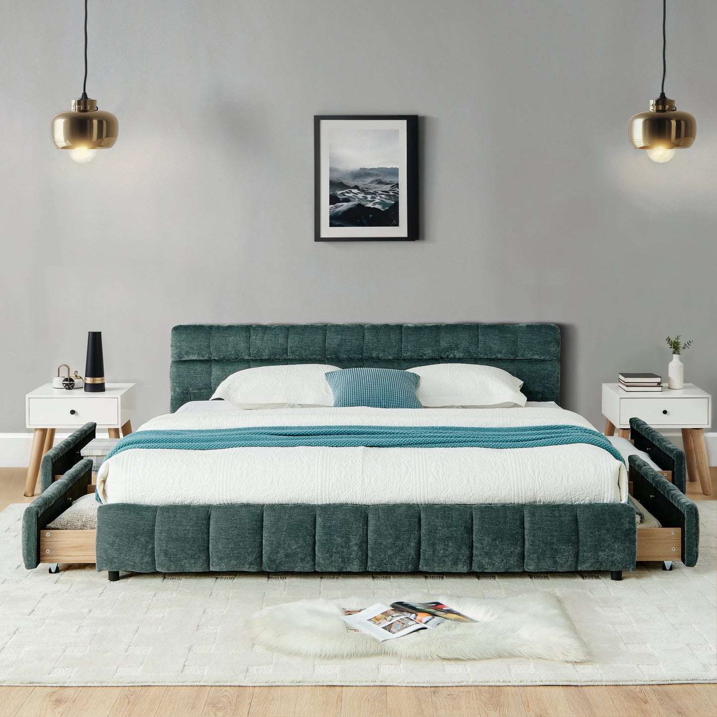 California King size Upholstered Bed,comfortable upholstered bed frame, Chenille fabric, with headboard and solid bed frame. With drawer for storage.-Blue Green(90.5''*80.5''*31'') image 3