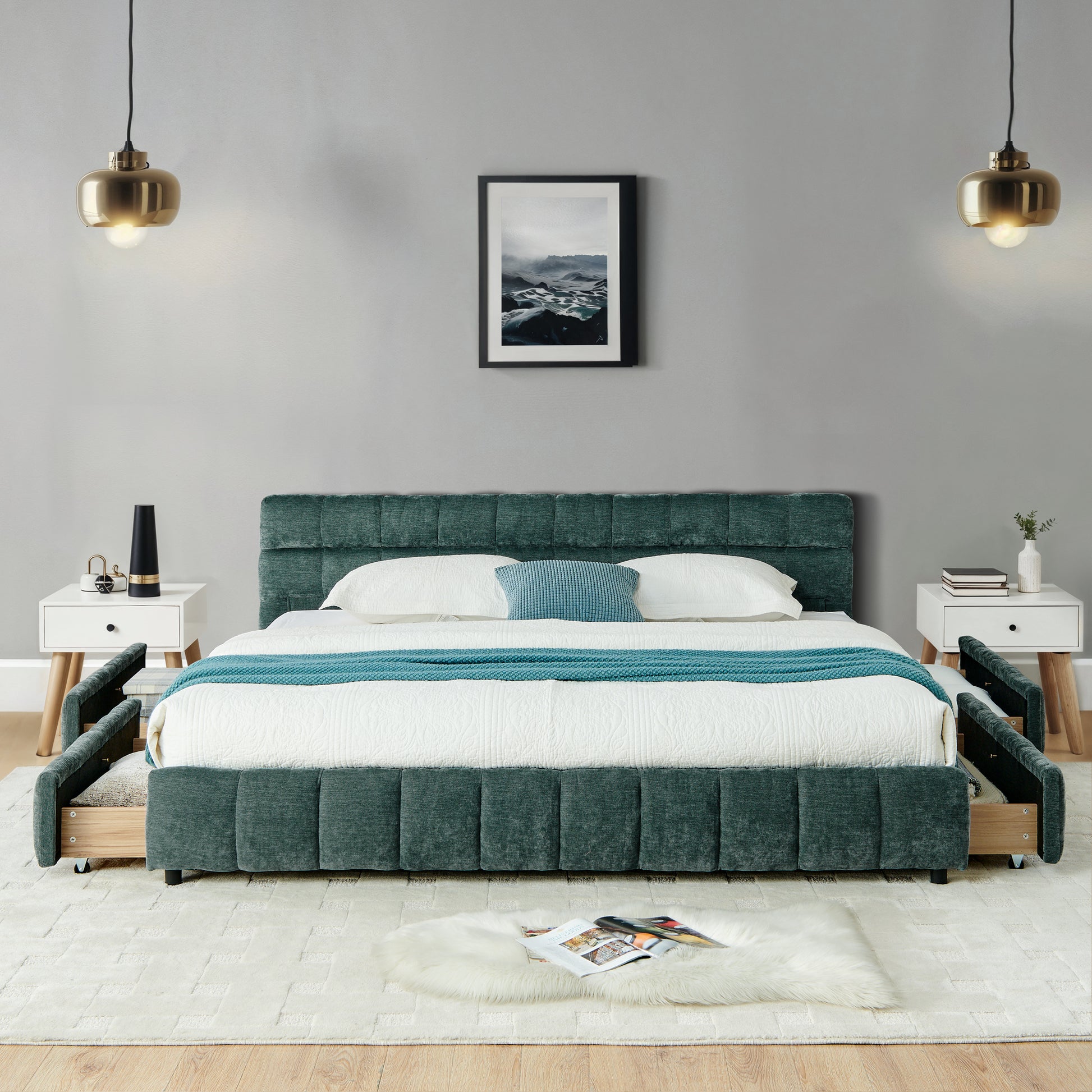 California King size Upholstered Bed,comfortable upholstered bed frame, Chenille fabric, with headboard and solid bed frame. With drawer for storage.-Blue Green(90.5''*80.5''*31'') image 3