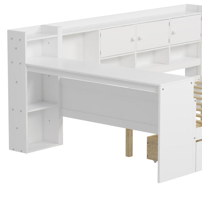 Full Size Wooden L-Shape Daybed with Seven Storage Cabinets and Two Storage Drawers, Multi-functional Bed with Study Desk and Built-in Bookshelf, White(old SKU: N733S247077K) image 12