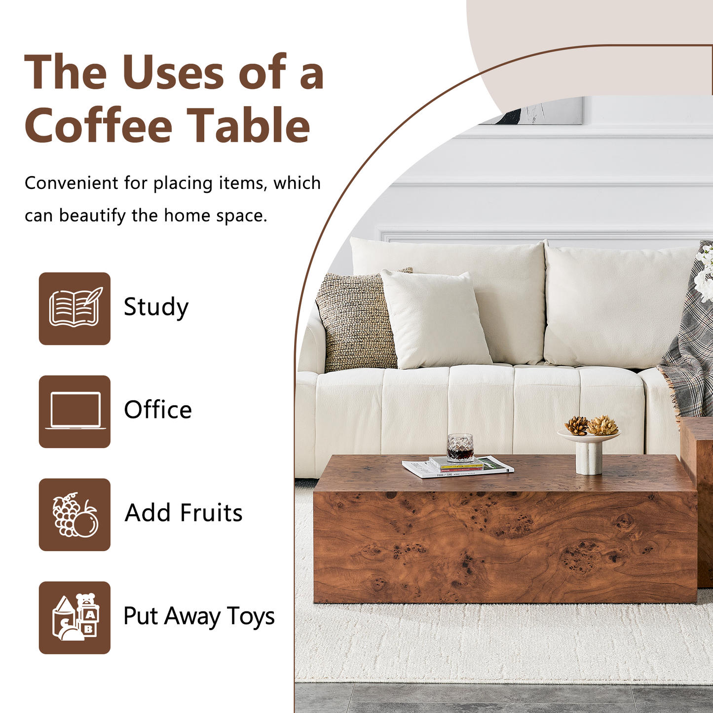 Premium Burl Walnut Veneer MDF Cube Table, Height Adjustable Multi-purpose Coffee Side End Table for Living Room, 39.4"×21.7"×11.8", No Extra Items Included image 5