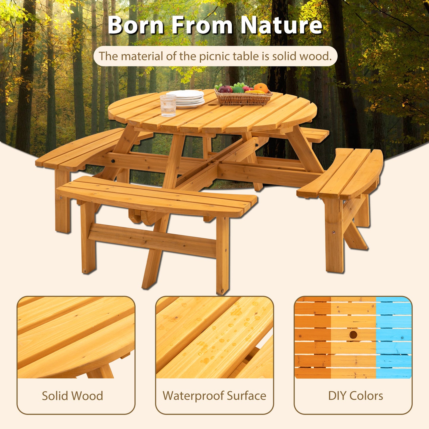 8 Person Wooden Picnic Table, Outdoor Camping Dining Table with Seat, Garden, DIY w/ 4 Built-in Benches, 2220lb Capacity - Natural image 3